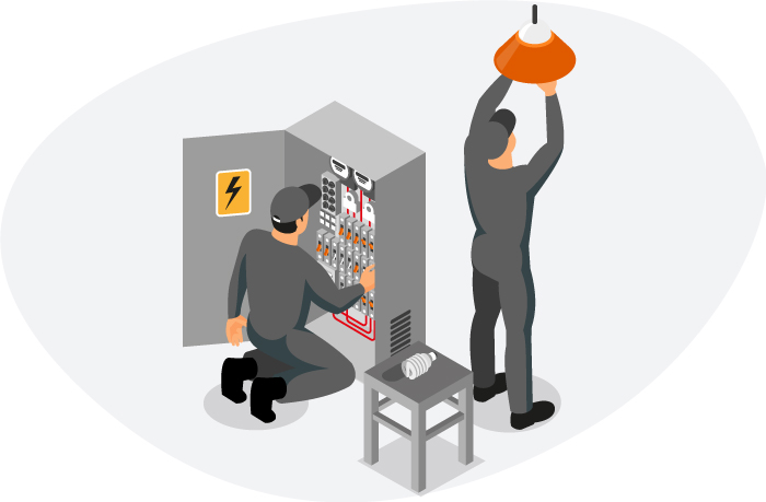 Electricians fixing a fuseboard illustration