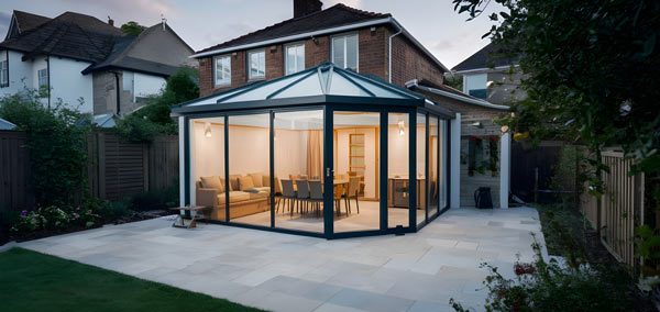 A house extension with lights on