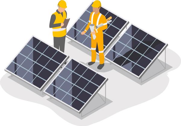 Workers inspecting solar panels illustration